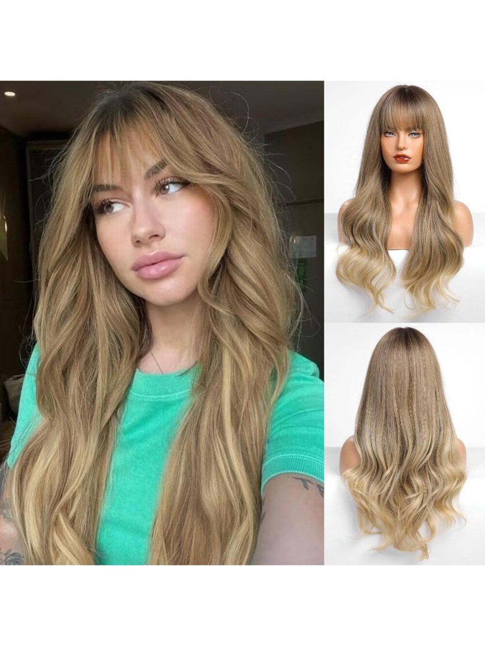 Women's Ash Blonde Resistant Long Curly Wavy Synthetic Wig with Bangs Size 26In
